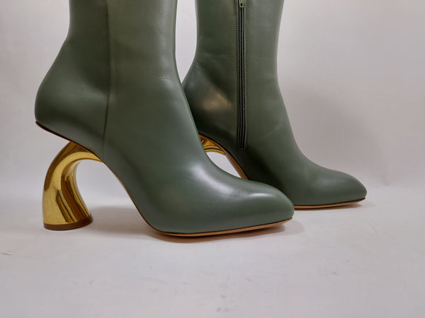 Olive green booties on bronze heel