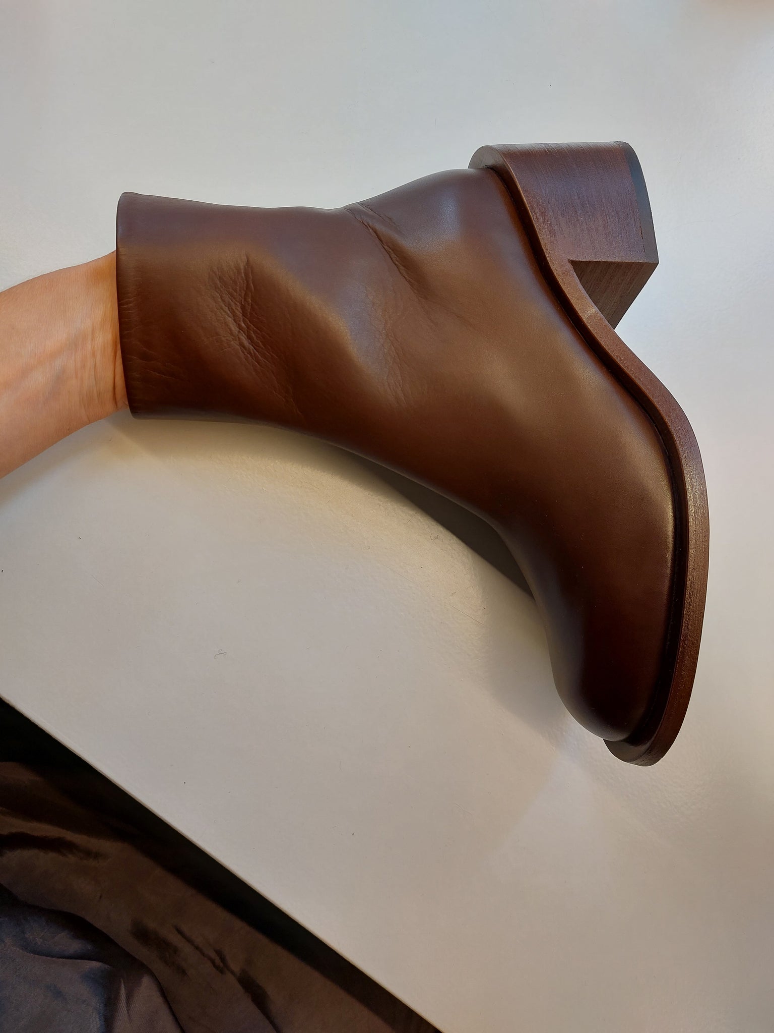 Chocolate brown boots on a low heel